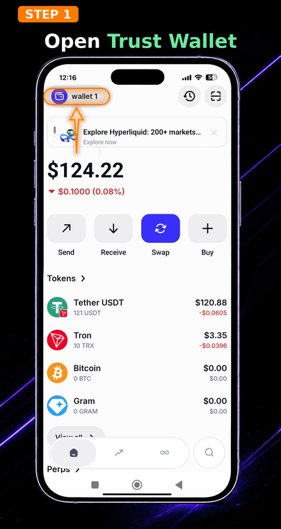 Open Trust Wallet. On the main screen, tap the name of your current wallet (e.g., "wallet 1") in the top left corner. This opens the management menu for all your accounts on this device.