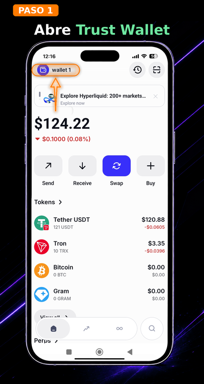 Abre Trust Wallet. En la pantalla principal, toca el nombre de tu billetera actual (por ejemplo, "wallet 1") en la esquina superior izquierda. Esto abrirá el menú de gestión de todas tus cuentas en este dispositivo.