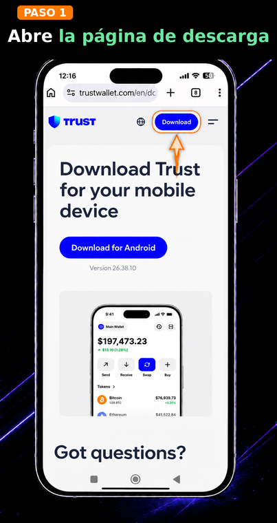 Abre la página de descarga. Ve al sitio web oficial de la billetera (trustwallet.com/download) a través del navegador de tu dispositivo. Se recomienda utilizar estrictamente la página oficial para evitar descargar aplicaciones falsas desde sitios clones de terceros.