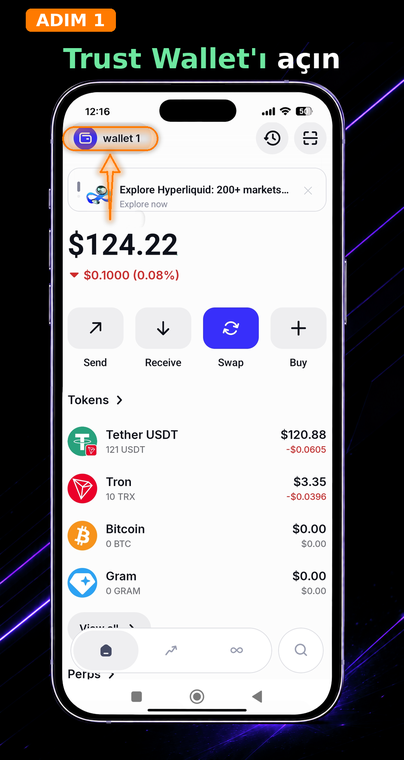Trust Wallet'ı açın. Ana ekranda, sol üst köşedeki mevcut cüzdanınızın adına (örneğin, "wallet 1") dokunun. Bu, cihazdaki tüm hesaplarınız için yönetim menüsünü açar.