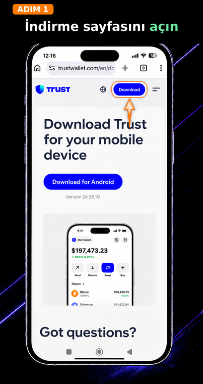 İndirme sayfasını açın. Cihazınızdaki tarayıcı üzerinden cüzdanın resmi web sitesine (trustwallet.com/download) gidin. Üçüncü taraf klon sitelerinden sahte uygulamalar indirmekten kaçınmak için özellikle resmi sayfayı kullanmanız önerilir.