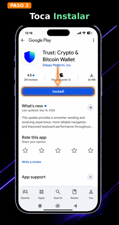 Toca "Instalar". Después de ir a Google Play, asegúrate de estar viendo la aplicación original (desarrollador: DApps Platform, Inc.) y presiona el botón azul "Instalar". No se cobra ninguna tarifa por descargar la aplicación ni por crear una billetera estándar.