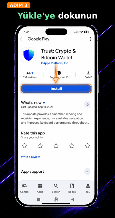 "Yükle"ye dokunun. Google Play'e geçtikten sonra, orijinal uygulamaya (geliştirici — DApps Platform, Inc.) baktığınızdan emin olun ve mavi "Yükle" düğmesine dokunun. Uygulamayı indirmek ve standart bir cüzdan oluşturmak için herhangi bir ücret alınmaz.