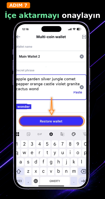 Kurtarmayı onaylayın. İfade doğru girilip uygulama tarafından kabul edildikten sonra mavi "Cüzdanı kurtar" (Restore wallet) düğmesine dokunun. Sistem kriptografik anahtarlarınızı oluşturacak ve fonlara yerel erişimi geri verecektir.