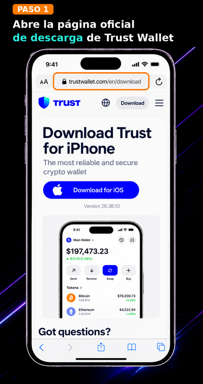 Abre la página oficial de Trust Wallet Download. Para instalar la billetera de criptomonedas en tu iPhone, abre un navegador móvil y ve a la página de descarga oficial (trustwallet.com/download). Usar el enlace oficial te protegerá de descargar aplicaciones