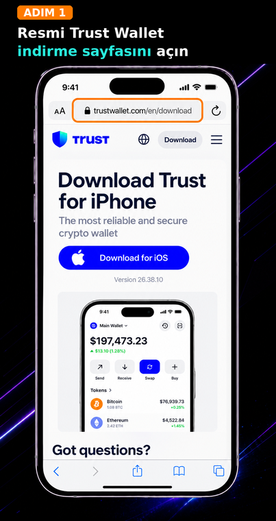 Resmi Trust Wallet Download sayfasını açın. Kripto cüzdanını iPhone'unuza kurmak için bir mobil tarayıcı açın ve resmi indirme sayfasına (trustwallet.com/download) gidin. Resmi bağlantıyı kullanmak sizi sahte uygulamalar indirmekten koruyacaktır.