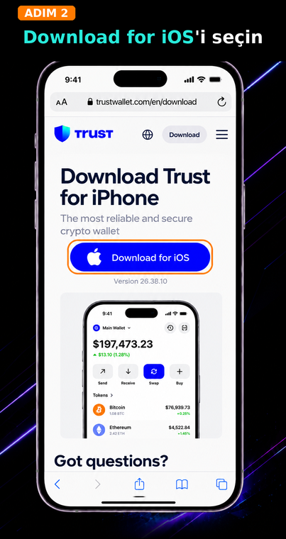 Download for iOS'i seçin. Yüklenen sayfada, Apple logolu mavi "iOS için indir" (Download for iOS) düğmesini bulun ve üzerine dokunun. Bu işlem sizi güvenli bir şekilde orijinal uygulamanın sayfasına yönlendirecektir.