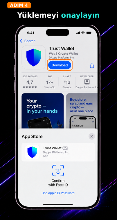 Kurulumu onaylayın. iOS güvenlik sistemi indirme işlemi için onay isteyecektir. Cihazınızın standart yöntemini kullanarak uygulama kurulumunu onaylayın: Face ID, Touch ID aracılığıyla veya Apple Kimliği (Apple ID) şifrenizi girerek.