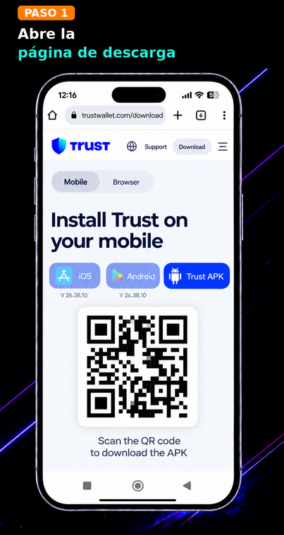 Abre la página de descarga. Si la tienda Google Play no está disponible en tu dispositivo, puedes instalar la billetera manualmente. Abre tu navegador y ve a la página oficial de descarga en trustwallet.com/download.