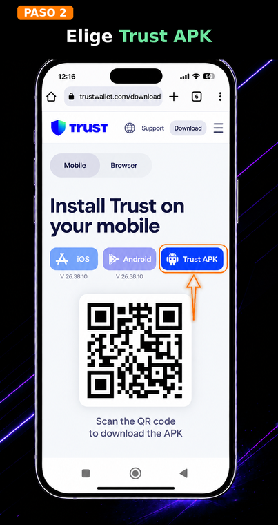 Selecciona Trust Apk. En la página que se abre, busca el botón azul "Trust APK" (o Download APK for Android) y tócalo. Es sumamente importante descargar el archivo de instalación únicamente desde el sitio web oficial, evitando versiones de terceros.