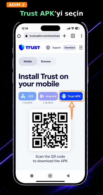Trust Apk'yi seçin. Açılan sayfada mavi "Trust APK" (veya Android için APK İndir) düğmesini bulun ve üzerine dokunun. Üçüncü taraf sürümlerden kaçınarak kurulum dosyasını yalnızca resmi web sitesinden indirmek son derece önemlidir.