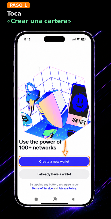 Toca "Crear una nueva billetera". En la pantalla principal de la aplicación, selecciona el botón azul "Crear una nueva billetera" (Create a new wallet). Esta función iniciará el proceso de registro de una nueva billetera de criptomonedas estándar en tu dispositivo.