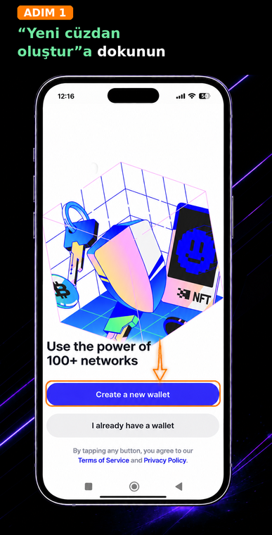 "Yeni bir cüzdan oluştur"a dokunun. Uygulamanın ana ekranında mavi renkli "Yeni bir cüzdan oluştur" (Create a new wallet) düğmesini seçin. Bu işlev, cihazınızda yeni bir standart kripto cüzdanı için kayıt sürecini başlatacaktır.