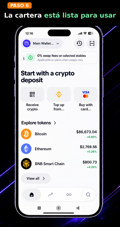 La billetera está lista para usar. Una vez completada la configuración de seguridad, se abrirá la interfaz principal de la billetera con una lista de criptomonedas básicas. Ahora puedes depositar fondos de forma segura, recibir y enviar tokens a través de tu nueva billetera de criptomonedas.
