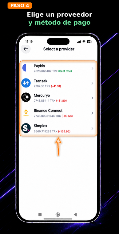 Elige un proveedor y un método de pago. La aplicación mostrará una lista de pasarelas disponibles (como Paybis, Transak, Mercuryo). Compara las ofertas y elige el proveedor con la mejor cotización y un método de pago adecuado.