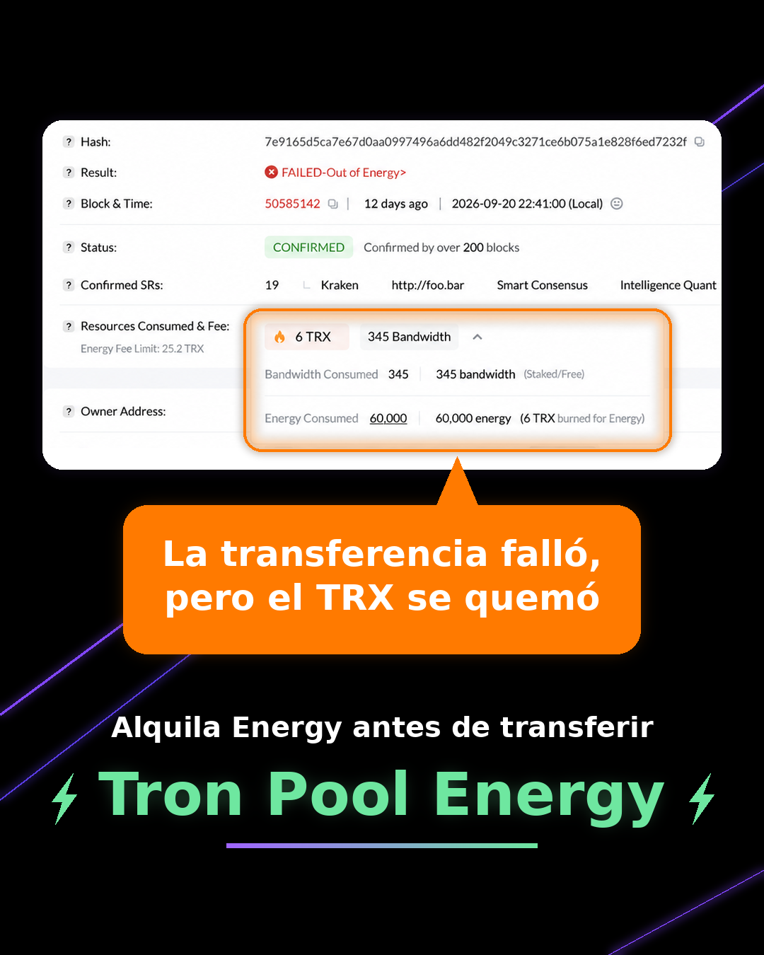 La transferencia falló, pero los TRX se quemaron. Ejemplo de cómo, al agotar el límite de energía, la red TRON quema TRX del saldo, pero la transacción termina en error y los USDT permanecen con el remitente.