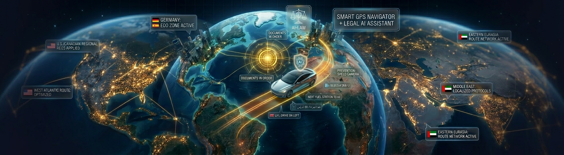LawDrive AI in action: voice-controlled navigation, automatic dashcam recording of key road events, and real-time legal guidance during police stops — all in one device.