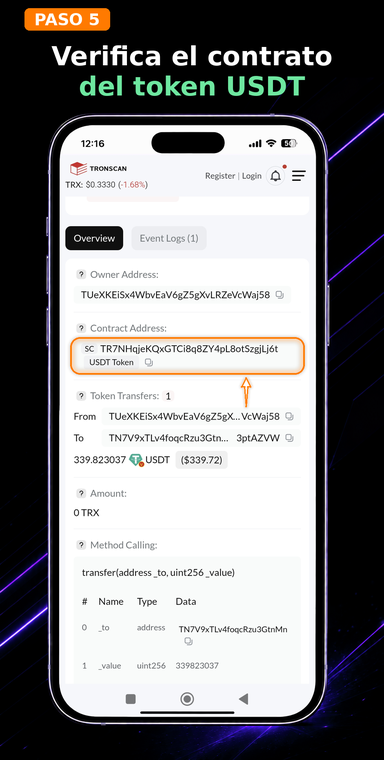 Compara el contrato del token USDT. Asegúrate de que se haya transferido el token oficial Tether USDT verificando la dirección del contrato inteligente
