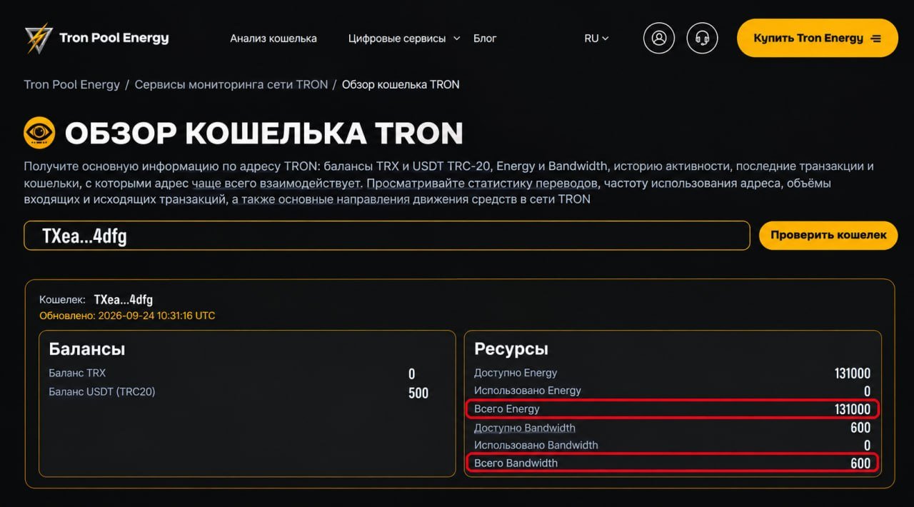 На сайте Tron Pool Energy есть специальная разработанная нами страница для проверки TRON-адреса. Скопируйте публичный TRON-адрес из Trust Wallet и вставьте его в TRON Wallet Checker.