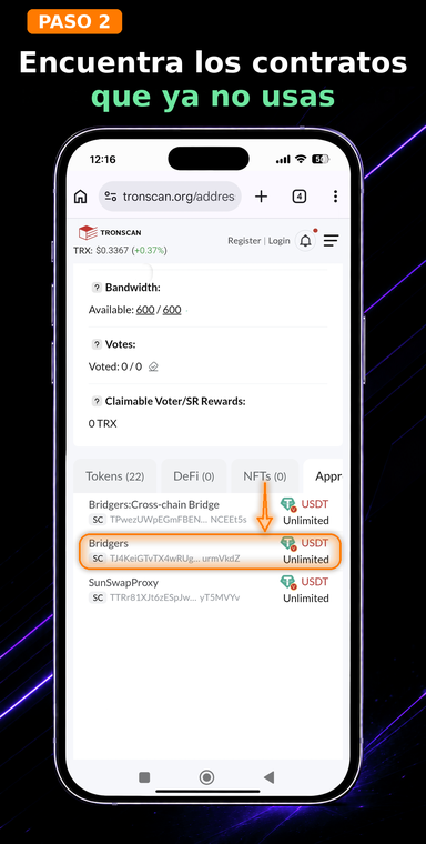 Encuentra los contratos que no utilizas. Revisa la lista de autorizaciones concedidas e identifica las aplicaciones, servicios descentralizados o puentes que ya no usas, especialmente aquellos con permisos de acceso «Unlimited».