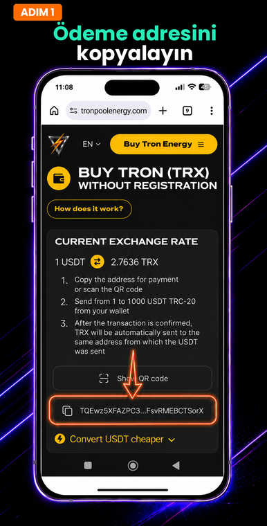 Ödeme adresini kopyalayın. Tron Pool Energy hizmetindeki TRX satın alma sayfasını açın ve ekranın alt kısmındaki adres kopyalama düğmesine dokunun. Aynı sayfada güncel döviz kuru ve limitler hakkında kısa bir hatırlatma görüntülenir.