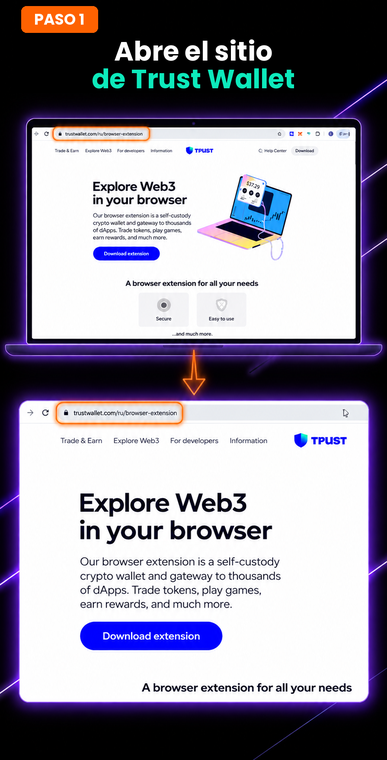 Abre el sitio web de Trust Wallet. Para instalar la billetera en la computadora, abre un navegador compatible y ve a la página de descarga oficial (trustwallet.com/browser-extension). Se recomienda iniciar la instalación exactamente desde el sitio web oficial para evitar la descarga de programas maliciosos desde recursos