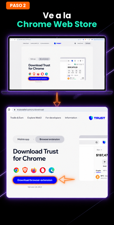 Ve a la Chrome Web Store. En la página del sitio web, busca y presiona el botón azul "Descargar extensión para el navegador". Esta acción te redirigirá de forma segura a la tienda oficial de extensiones Chrome Web Store.