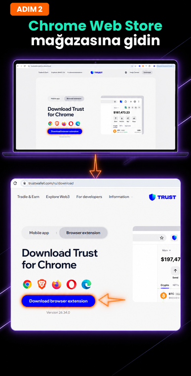 Chrome Web Mağazasına (Chrome Web Store) gidin. Web sitesi sayfasında mavi renkli "Tarayıcı uzantısını indir" (Download extension) düğmesini bulun ve üzerine tıklayın. Bu işlem sizi güvenli bir şekilde resmi Chrome Web Mağazasına yönlendirecektir.