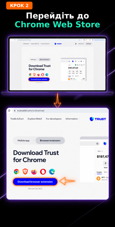 Перейдіть у Chrome Web Store. На сторінці сайту знайдіть і натисніть синю кнопку «Завантажити розширення для браузера». Ця дія безпечно перенаправить вас в офіційний магазин розширень Chrome Web Store.