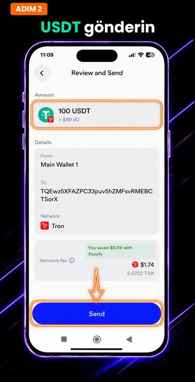 USDT gönderin. Trust Wallet'a dönün ve kopyalanan adresi alıcı alanına yapıştırarak sabit coin (stablecoin) transferini hazırlayın. İstenen tutarı (örneğin 100 USDT) girin ve TRON ağını kullandığınızı kontrol ettiğinizden emin olarak mavi "Gönder" düğmesine dokunun.