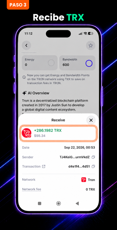 Recibe los TRX. Tan pronto como tu transferencia de USDT sea confirmada por la cadena de bloques, abre el historial de operaciones en Trust Wallet. Verás una nueva transacción entrante: las monedas TRX (por ejemplo, +286.1982 TRX) se enviarán automáticamente a la misma dirección desde la cual enviaste los USDT.