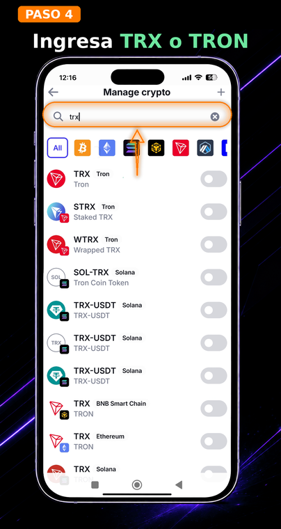Ingresa TRX o TRON. En la barra de búsqueda superior que aparece, escribe el ticker de la moneda "trx". La aplicación filtrará automáticamente los activos disponibles en todas las redes compatibles.