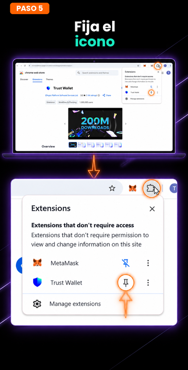 Fija el icono. Para un acceso rápido y conveniente a la billetera de criptomonedas, abre el menú de extensiones (el icono de rompecabezas en la esquina superior derecha del navegador) y haz clic en el icono de la chincheta (pin) junto a Trust Wallet para fijarlo en la barra de herramientas