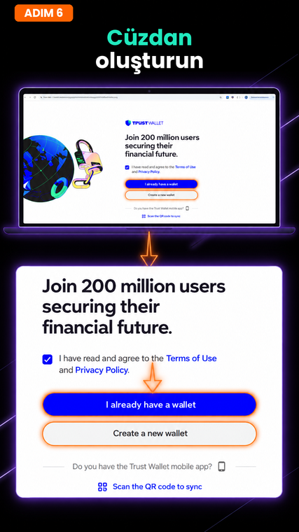 Bir cüzdan oluşturun. Uzantıyı açmak için sabitlenmiş Trust Wallet simgesine tıklayın. Kullanım koşullarını okuyun, kutuyu işaretleyin ve "Yeni bir cüzdan oluştur"u (Create a new wallet) seçin (veya telefondakiyle aynı adresleri ve varlıkları kullanmak istiyorsanız "Zaten bir cüzdanım var"a tıklayın).