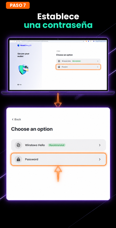 Establece una contraseña. Para proteger el acceso a la extensión en esta computadora, selecciona la opción "Contraseña" y crea una combinación segura. Esta contraseña local se utilizará para desbloquear la billetera cada vez que inicies el navegador