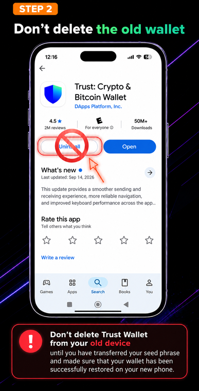 Do not delete the old wallet. Leave the app on your old phone untouched. If you delete Trust Wallet before verifying the new installation, and your written backup contains an error, you will permanently lose your assets.
