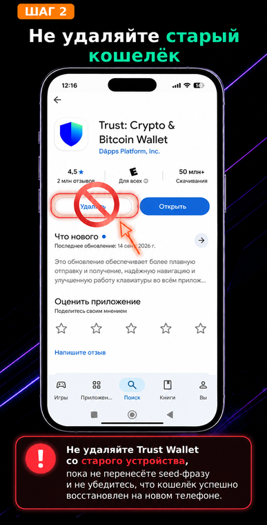 Не удаляйте старый кошелёк. Оставьте приложение на старом телефоне нетронутым. Если вы удалите Trust Wallet до проверки новой установки, а записанная резервная копия окажется с ошибкой, вы навсегда потеряете свои активы.