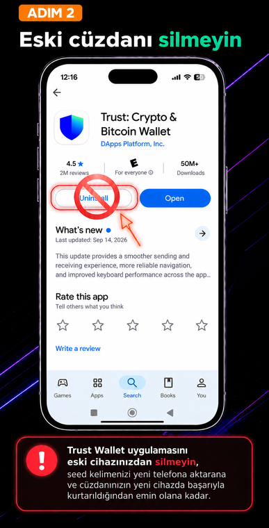 Eski cüzdanı silmeyin. Eski telefonunuzdaki uygulamaya dokunmayın. Yeni kurulumu doğrulamadan Trust Wallet'ı silerseniz ve yazılı yedeklemeniz hatalı çıkarsa, varlıklarınızı kalıcı olarak kaybedersiniz.
