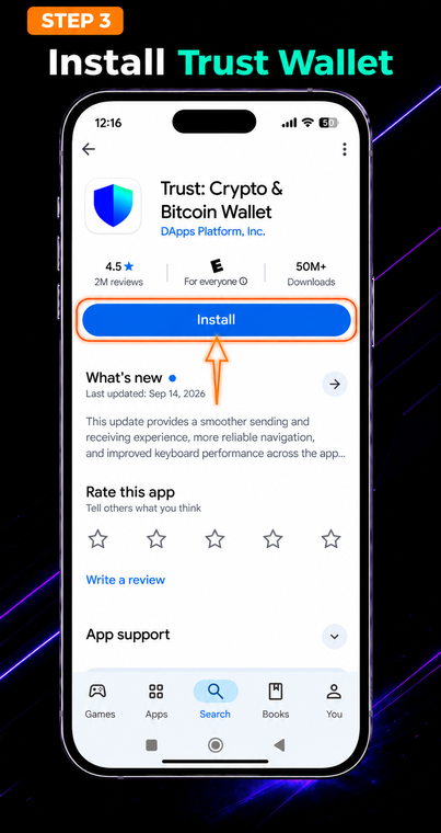 Install Trust Wallet. Download the app on your new device from the official store (App Store or Google Play). Make sure the developer is explicitly listed as DApps Platform, Inc.