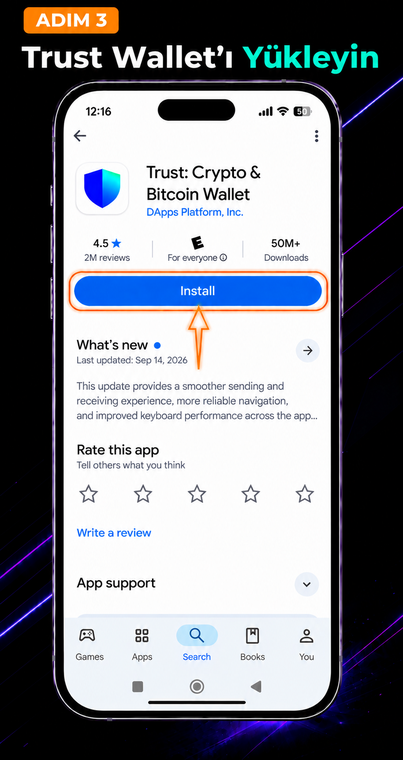 Trust Wallet'ı yükleyin. Yeni cihazınıza resmi mağazadan (App Store veya Google Play) uygulamayı indirin. Geliştiricinin kesinlikle DApps Platform, Inc. olarak listelendiğinden emin olun.