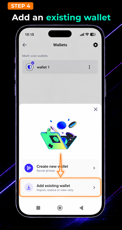 Add an existing wallet. Open the freshly installed app on your new phone. On the start screen, select the bottom option "Add existing wallet" to begin transferring your blockchain addresses.