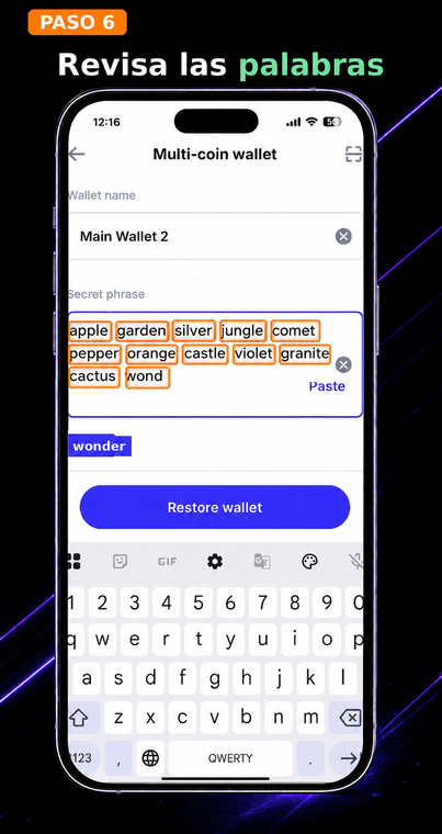 Verifica las palabras. Asegúrate de que todas las palabras estén escritas correctamente, sin errores tipográficos, espacios adicionales, números o signos de puntuación. Si Trust Wallet muestra el error "frase mnemotécnica no válida", lo más probable es que haya un error en el orden de las palabras o en su ortografía.