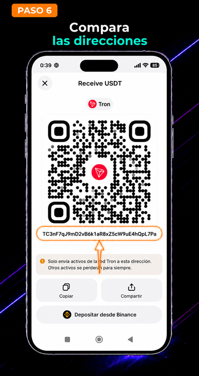 Compara las direcciones. Después de ingresar a la billetera, abre los detalles de recepción de cualquier moneda (por ejemplo, USDT en la red TRON) en el nuevo teléfono y verifícalos con la dirección del dispositivo antiguo. La coincidencia de direcciones garantiza que importaste la billetera correcta.