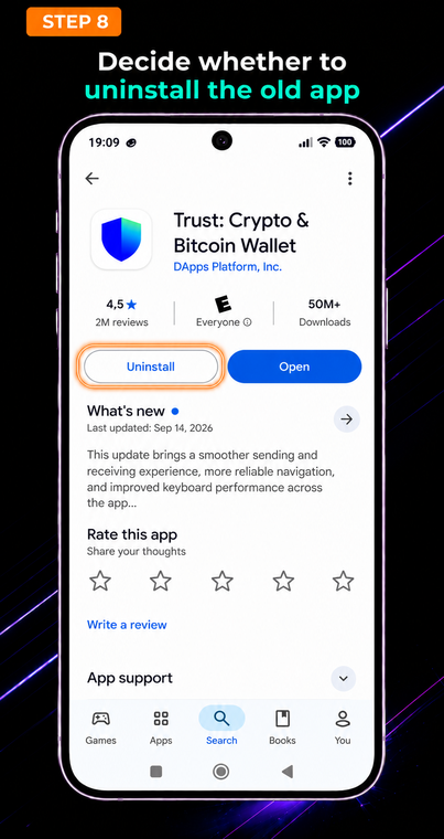 Decide whether to delete the old app. You can safely delete the old app only after verifying the blockchain addresses and ensuring full access to your funds on the new phone. Do not leave an active wallet on unused devices to reduce the risk of key compromise.