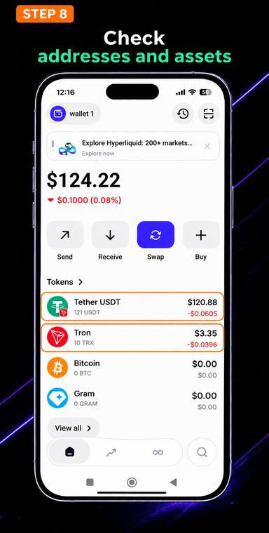 Check addresses and assets. After a successful load, you will see the main screen with your balances. Be sure to compare your public addresses (e.g., your USDT TRC-20 receiving address) with the details on your old device to ensure you imported the correct wallet.