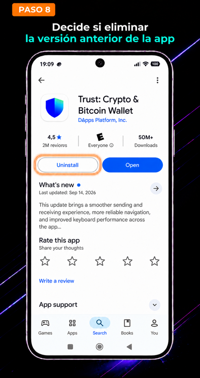 Decide si eliminar la aplicación antigua. Solo después de haber verificado las direcciones de la cadena de bloques y confirmar el acceso completo a los fondos en el nuevo teléfono, puedes eliminar la aplicación antigua. No dejes una billetera activa en dispositivos sin uso para reducir el riesgo de comprometer las claves.