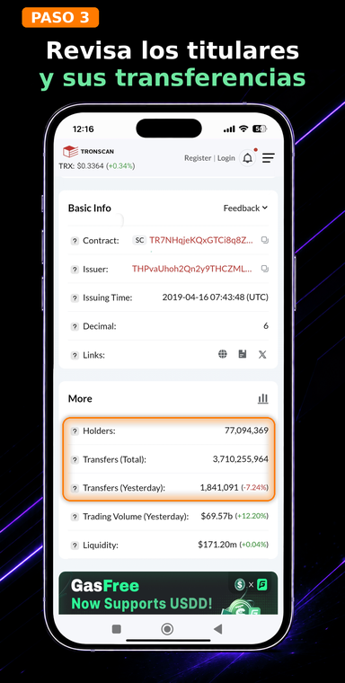 Verifica los titulares y el historial de transferencias. Revisa las métricas en la sección «More»: el USDT auténtico cuenta con decenas de millones de titulares (Holders) y miles de millones de transferencias (Transfers).