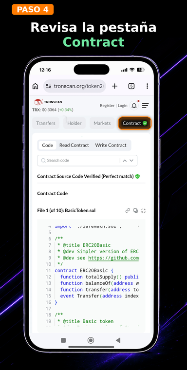 Inspecciona la pestaña Contract. Ve a la sección «Contract» y asegúrate de que el código fuente del contrato esté verificado por el explorador, indicado por el estado «Contract Source Code Verified (Perfect match)».
