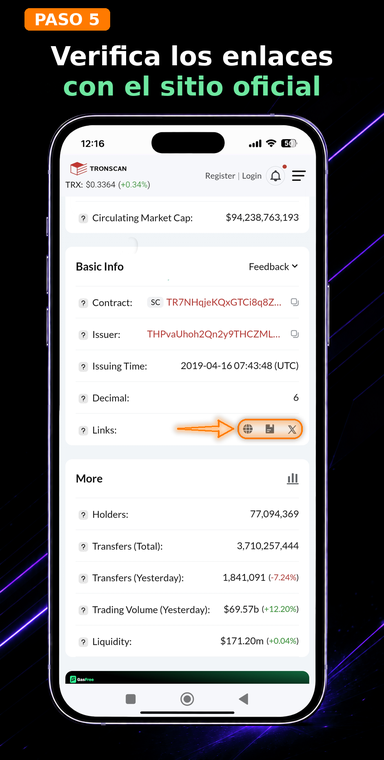 Coteja los enlaces con el sitio web oficial. En la sección «Basic Info», busca el apartado «Links» y verifica los iconos interactivos que dirigen al sitio web oficial de Tether, la documentación técnica y las redes sociales.
