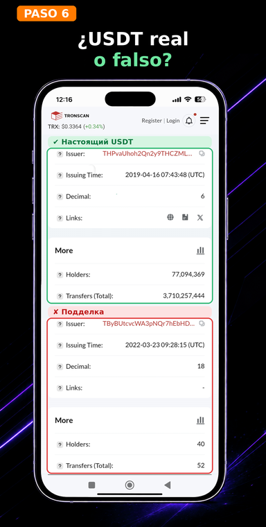 ¿USDT real o falso? Compara las diferencias clave con la copia falsa: el original tiene fecha de creación desde 2019, precisión de Decimal: 6 y millones de usuarios. Las copias fraudulentas se crean recientemente, tienen Decimal: 18 y solo unas pocas decenas de titulares.
